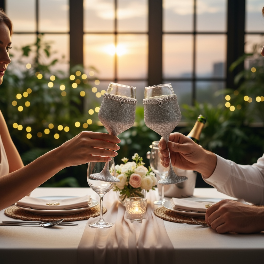 SILVER DIAMANTÈ WINE GLASS / SET OF 2