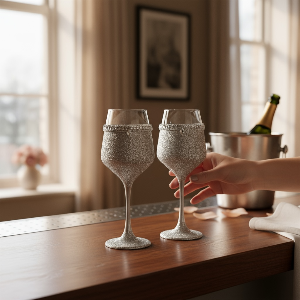 SILVER DIAMANTÈ WINE GLASS / SET OF 2